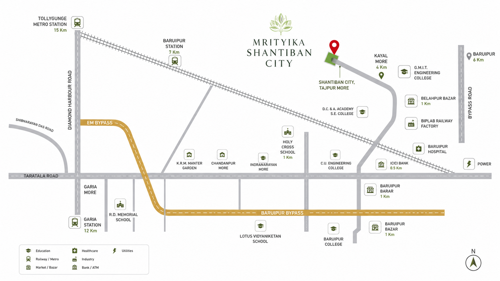 Map showing Shantiban City's connectivity to Tollygunge Metro, Baruipur Station, EM Bypass and nearby schools, banks and markets