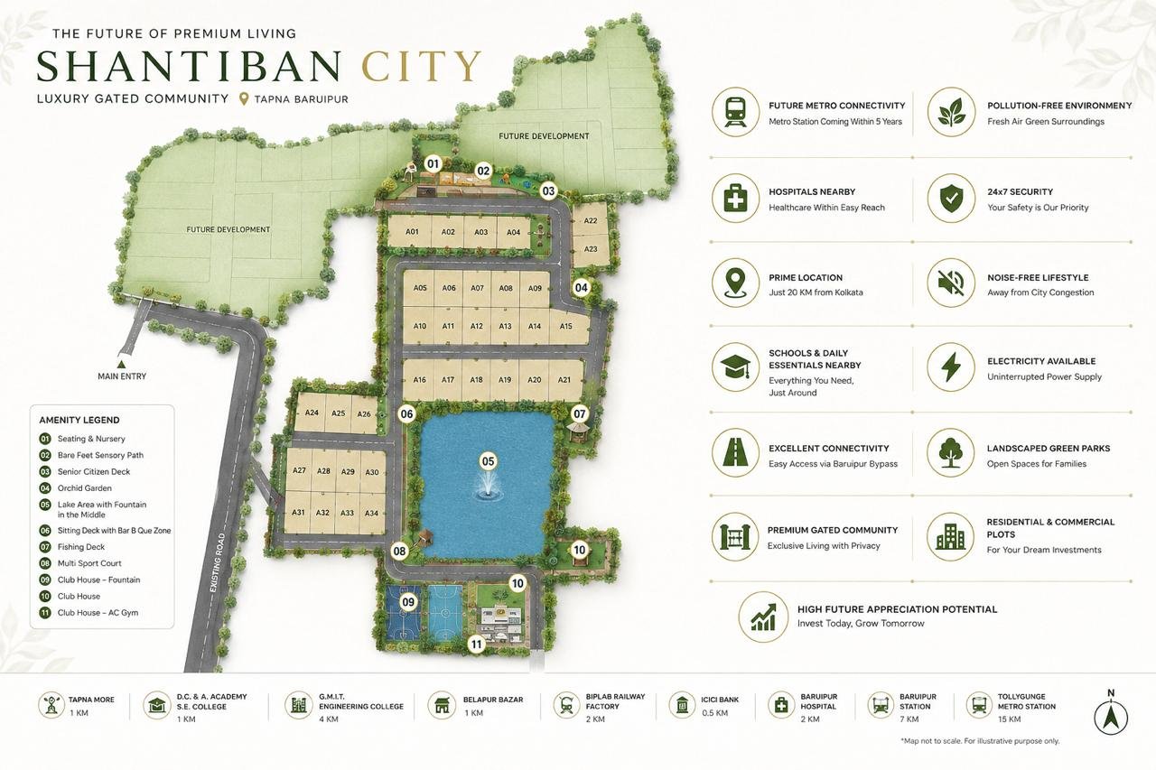 Shantiban City master plan showing plot blocks A01 to A34, the lake, clubhouse and amenity zones